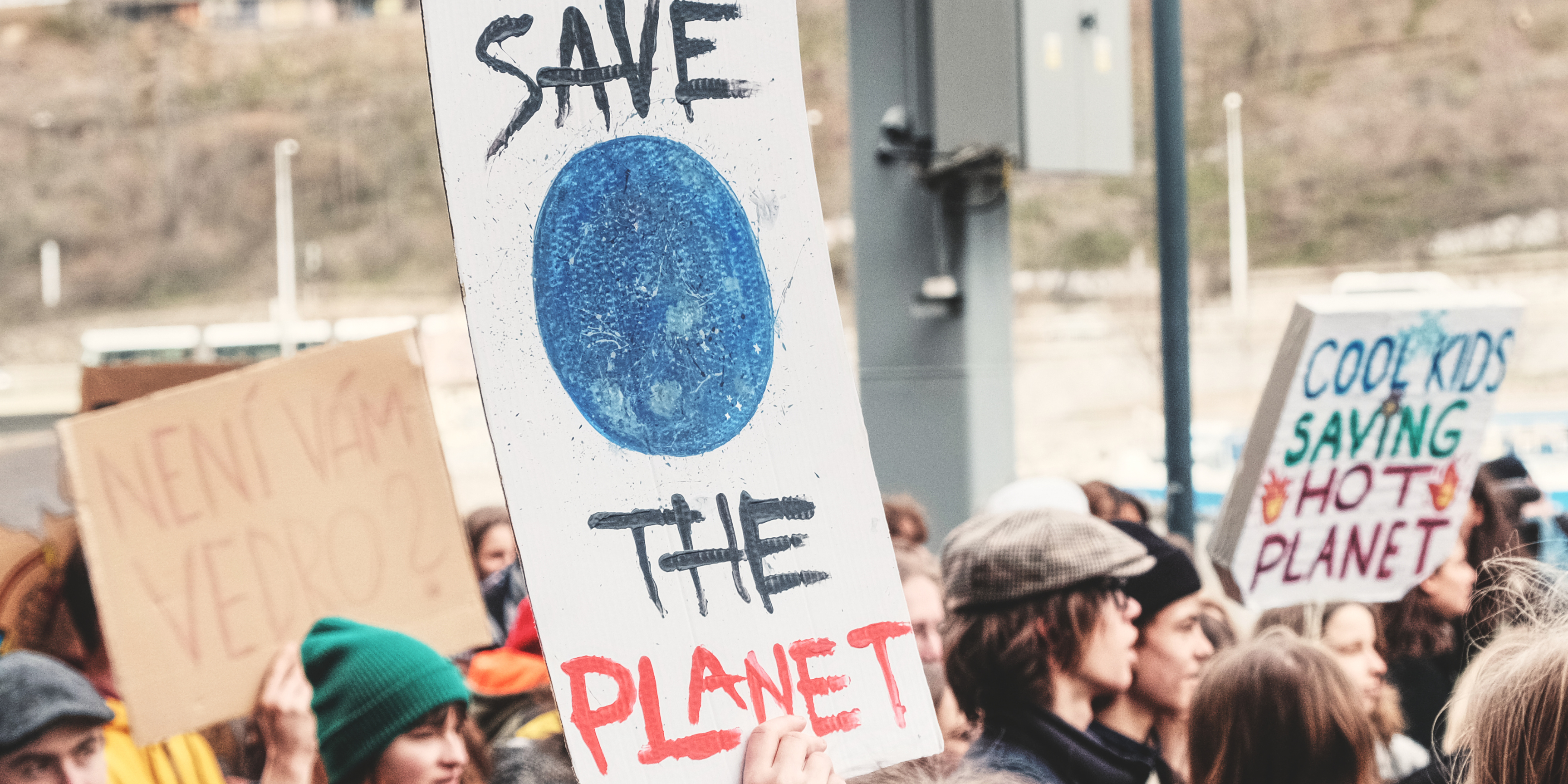 Bilder von Protestplakaten mit der Aufschrift Save the Planet symbolisieren bei diesem Beitrag das Thema Periode und Umwelt. Der ökologische Fußabdruck von Menstruationsprodukten und umweltfreundliche Alternativen.